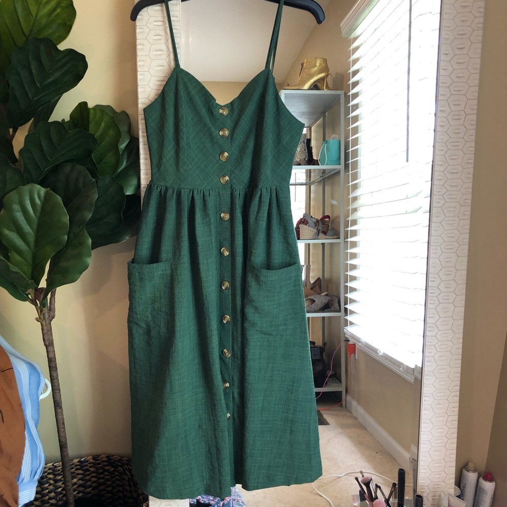 Green button down midi dress